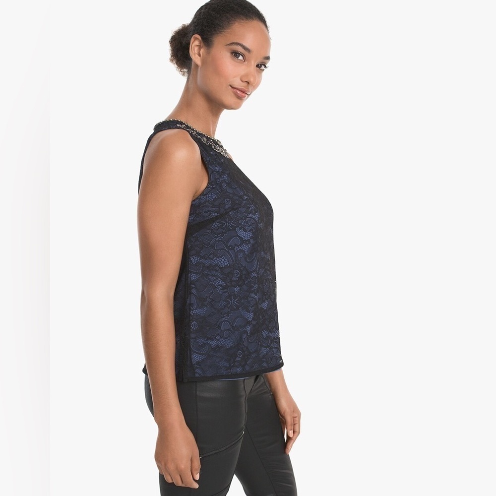 White House Black Market Blue Black Sleeveless Lace Shell Top XXS AE19 - Picture 3 of 14